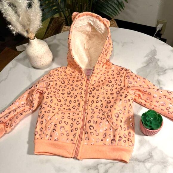 Girls Leopard Print Zip Hoodie Sherpa Lined Peach Pink Jacket Size 2T - Picture 12 of 14